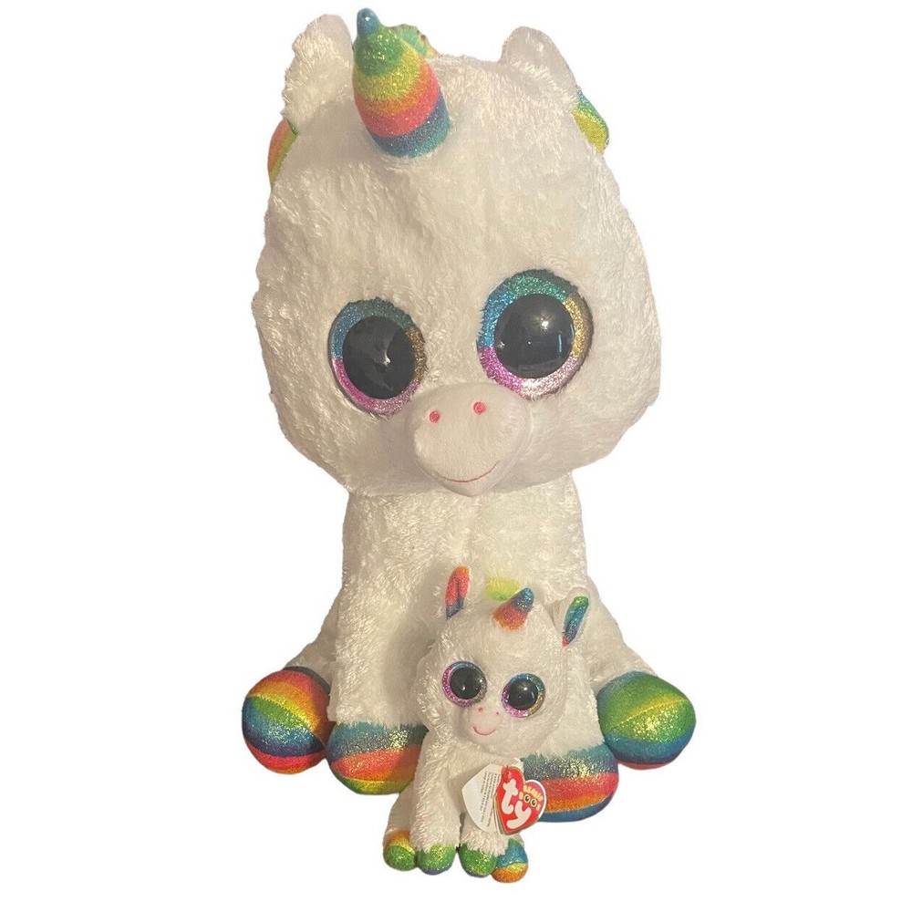 Ty Beanie Boos Unicorn Plush Pixy 16” and 6" Rainbow Colors Glitter Eyes